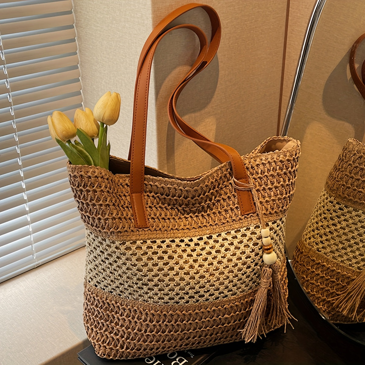 Bohemian Tote Bag Large Bohemian Woven Tote Bag | Perfect Lily Women's Multi-Color Striped Design, Zipper Closure, Fixed Shoulder Strap, Synthetic Material - Light Beige, Khaki, Light Brown, Green