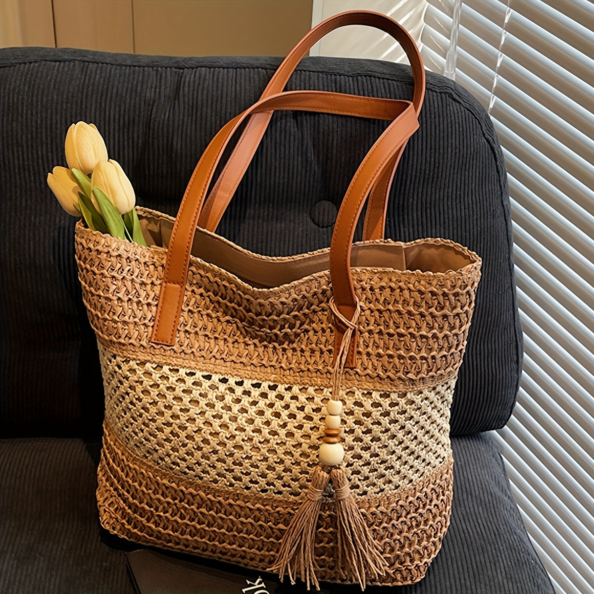 Bohemian Tote Bag Large Bohemian Woven Tote Bag | Perfect Lily Women's Multi-Color Striped Design, Zipper Closure, Fixed Shoulder Strap, Synthetic Material - Light Beige, Khaki, Light Brown, Green