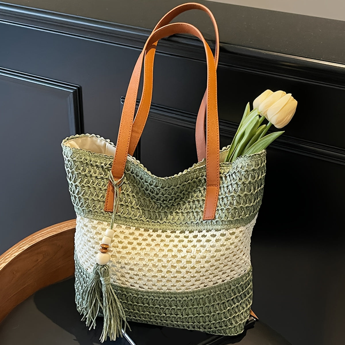 Bohemian Tote Bag Large Bohemian Woven Tote Bag | Perfect Lily Women's Multi-Color Striped Design, Zipper Closure, Fixed Shoulder Strap, Synthetic Material - Light Beige, Khaki, Light Brown, Green