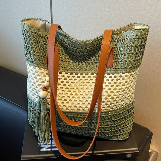 Bohemian Tote Bag Large Bohemian Woven Tote Bag | Perfect Lily Women's Multi-Color Striped Design, Zipper Closure, Fixed Shoulder Strap, Synthetic Material - Light Beige, Khaki, Light Brown, Green