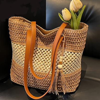 Bohemian Tote Bag Large Bohemian Woven Tote Bag | Perfect Lily Women's Multi-Color Striped Design, Zipper Closure, Fixed Shoulder Strap, Synthetic Material - Light Beige, Khaki, Light Brown, Green