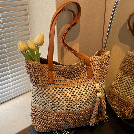 Bohemian Tote Bag Large Bohemian Woven Tote Bag | Perfect Lily Women's Multi-Color Striped Design, Zipper Closure, Fixed Shoulder Strap, Synthetic Material - Light Beige, Khaki, Light Brown, Green