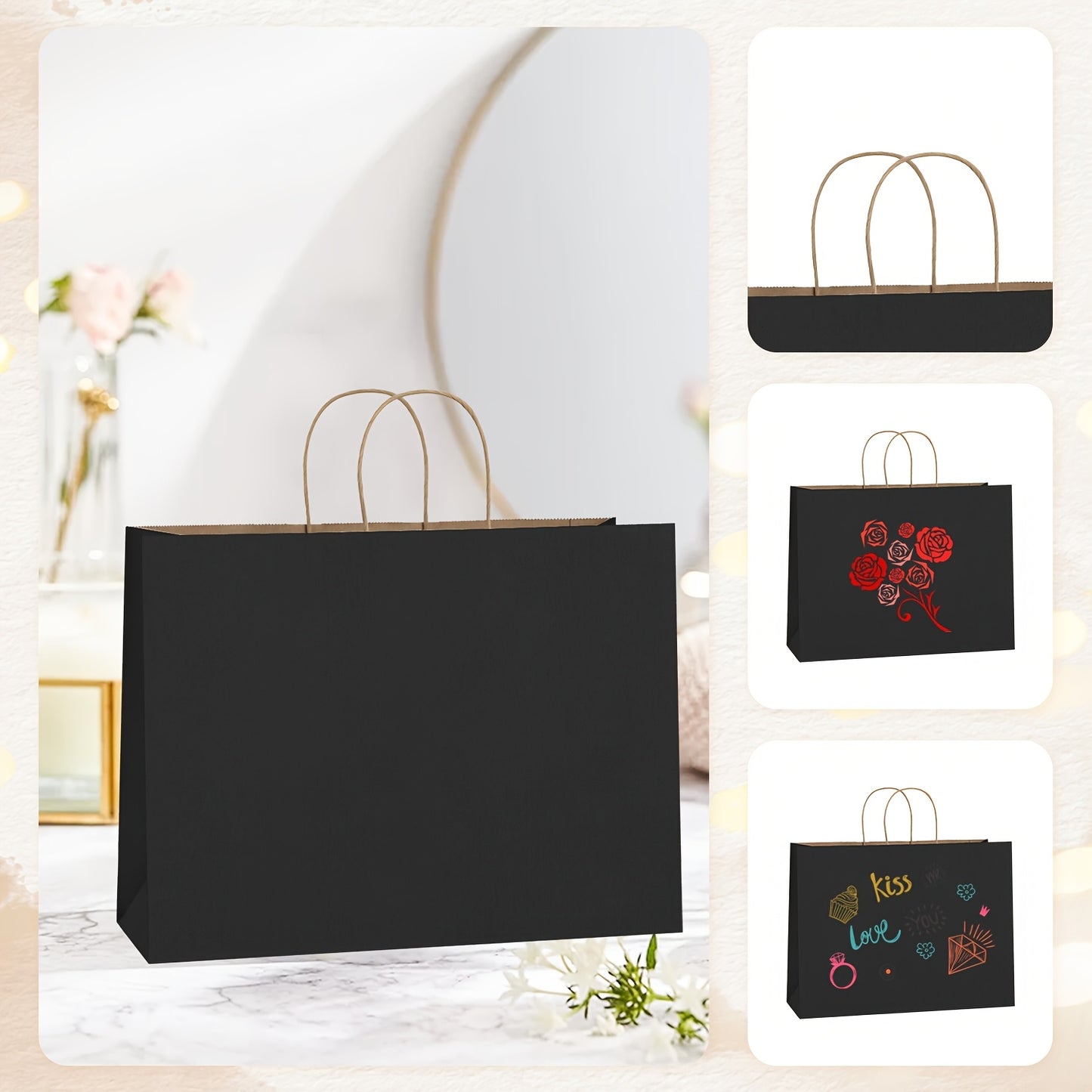 50\u002F100 Bulk Large Shopping Bags Made Of Kraft Paper, 16x6x12 Inches with Handles, Black Gift Bag, Retail Grocery Tote Bag, Boutique Store, Christmas Decoration Bag, Wedding, Teacher Gratitude Gift Bag