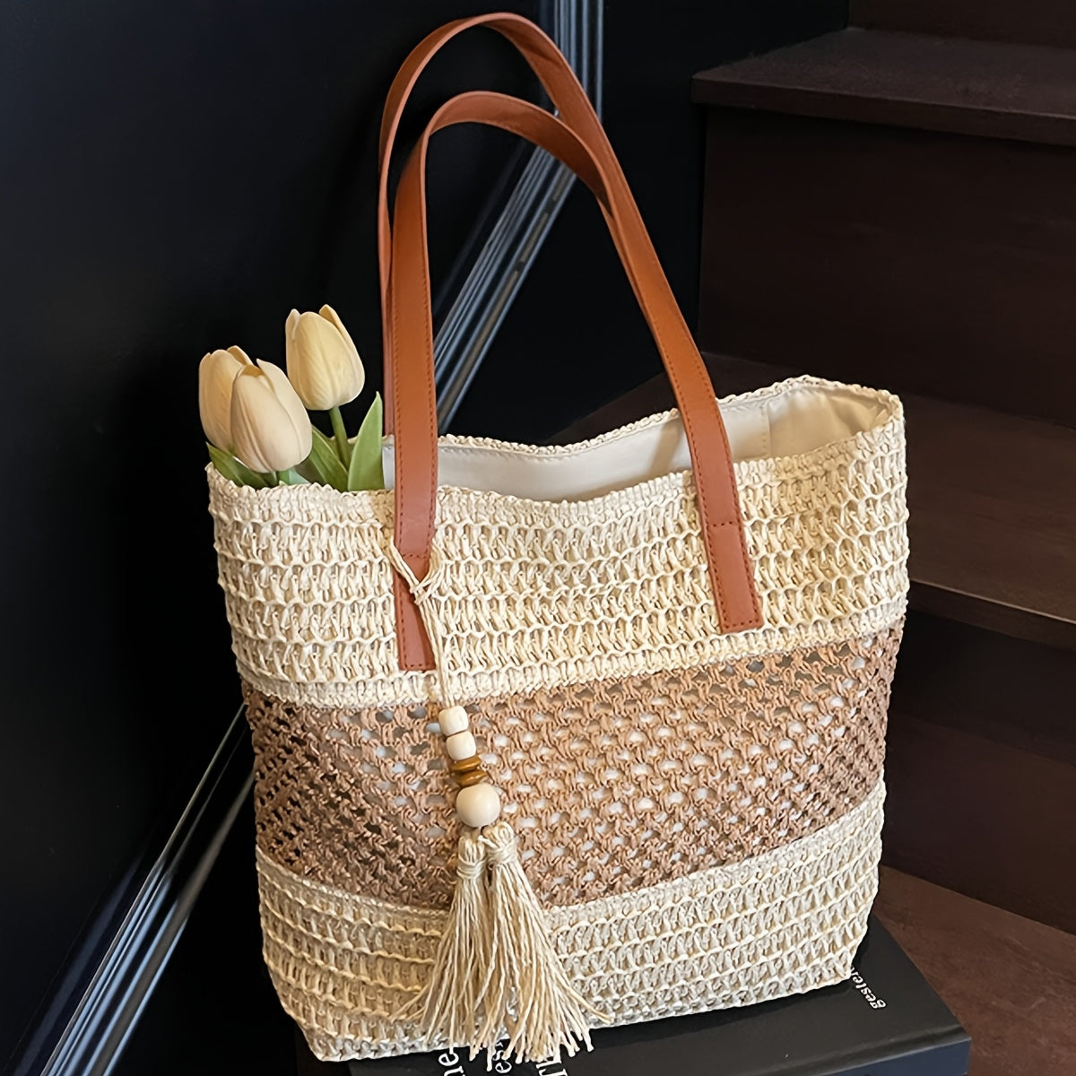 Bohemian Tote Bag Large Bohemian Woven Tote Bag | Perfect Lily Women's Multi-Color Striped Design, Zipper Closure, Fixed Shoulder Strap, Synthetic Material - Light Beige, Khaki, Light Brown, Green