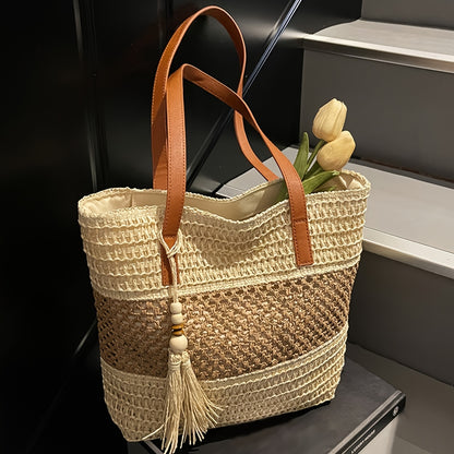 Bohemian Tote Bag Large Bohemian Woven Tote Bag | Perfect Lily Women's Multi-Color Striped Design, Zipper Closure, Fixed Shoulder Strap, Synthetic Material - Light Beige, Khaki, Light Brown, Green
