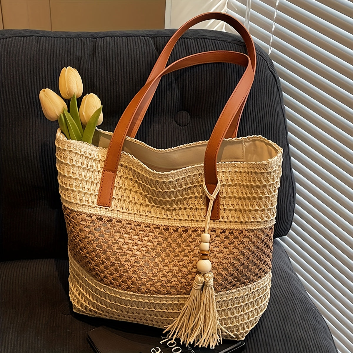 Bohemian Tote Bag Large Bohemian Woven Tote Bag | Perfect Lily Women's Multi-Color Striped Design, Zipper Closure, Fixed Shoulder Strap, Synthetic Material - Light Beige, Khaki, Light Brown, Green