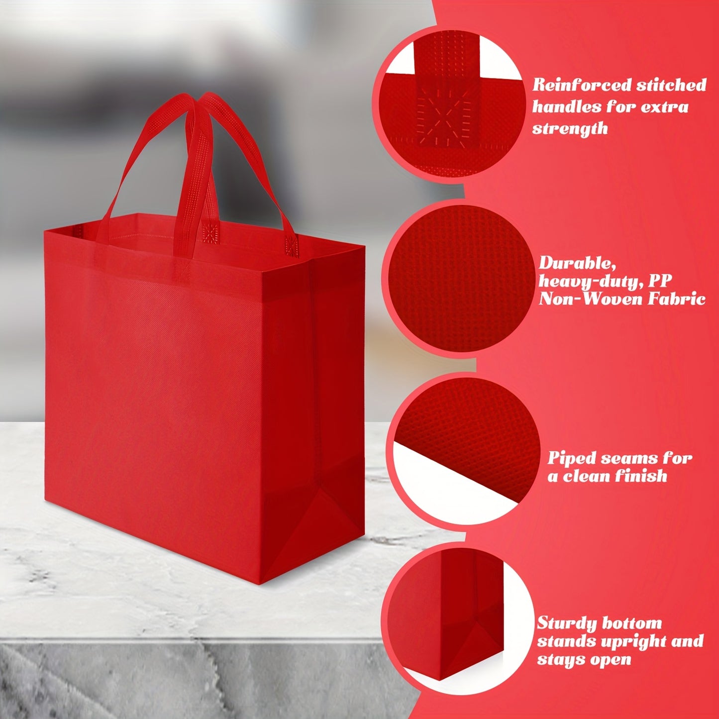 50 Pieces Reusable Non Woven Totes Bag Bulk Shopping Bags with Handles Foldable for Boutiques (Red)