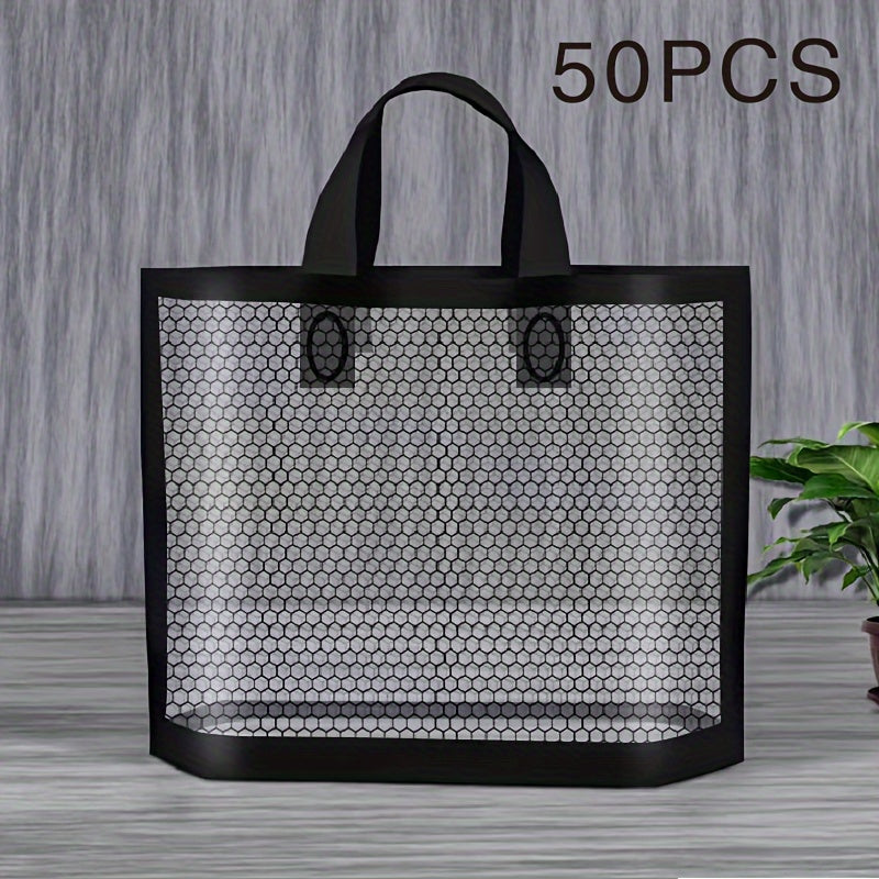 50pcs Mesh Tote Bags, 11.81in Thickened Reusable Plastic Shopping Bags with Non-Slip Handles, Waterproof Foldable Gift Bags for Clothing, Cosmetics, Jewelry, Party, Commercial Use - Black\u002FWhite\u002FGolden, Reusable Shopping Bags