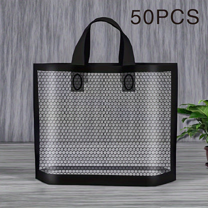 50pcs Mesh Tote Bags, 11.81in Thickened Reusable Plastic Shopping Bags with Non-Slip Handles, Waterproof Foldable Gift Bags for Clothing, Cosmetics, Jewelry, Party, Commercial Use - Black\u002FWhite\u002FGolden, Reusable Shopping Bags