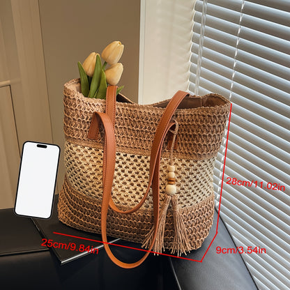 Bohemian Tote Bag Large Bohemian Woven Tote Bag | Perfect Lily Women's Multi-Color Striped Design, Zipper Closure, Fixed Shoulder Strap, Synthetic Material - Light Beige, Khaki, Light Brown, Green