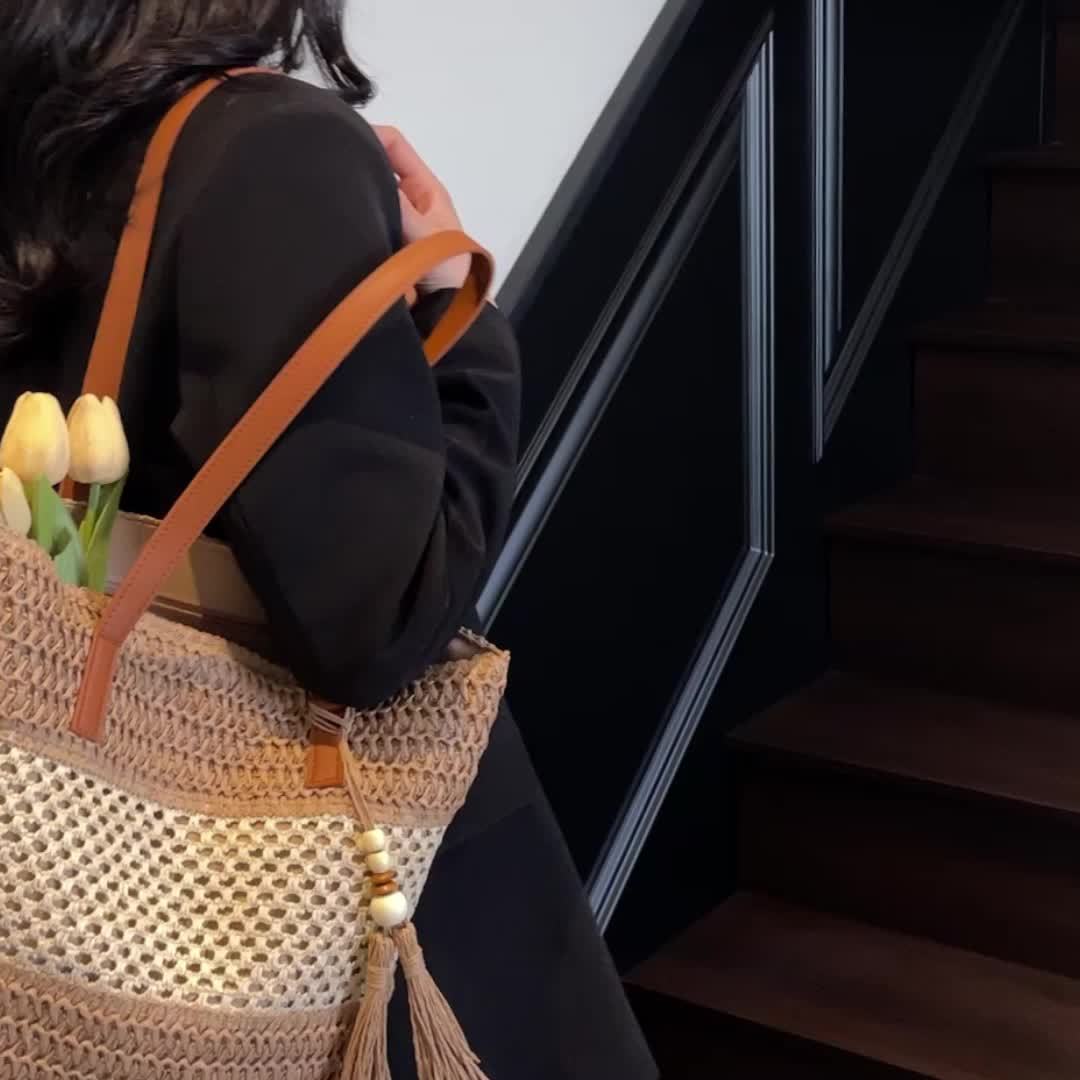 Bohemian Tote Bag Large Bohemian Woven Tote Bag | Perfect Lily Women's Multi-Color Striped Design, Zipper Closure, Fixed Shoulder Strap, Synthetic Material - Light Beige, Khaki, Light Brown, Green