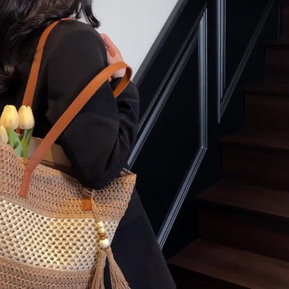 Bohemian Tote Bag Large Bohemian Woven Tote Bag | Perfect Lily Women's Multi-Color Striped Design, Zipper Closure, Fixed Shoulder Strap, Synthetic Material - Light Beige, Khaki, Light Brown, Green