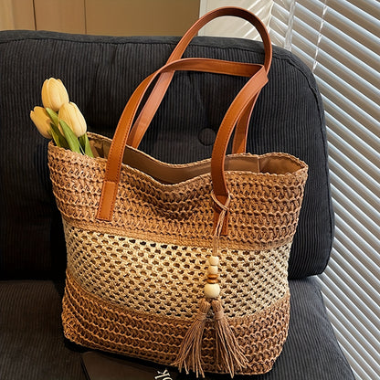 Bohemian Tote Bag Large Bohemian Woven Tote Bag | Perfect Lily Women's Multi-Color Striped Design, Zipper Closure, Fixed Shoulder Strap, Synthetic Material - Light Beige, Khaki, Light Brown, Green