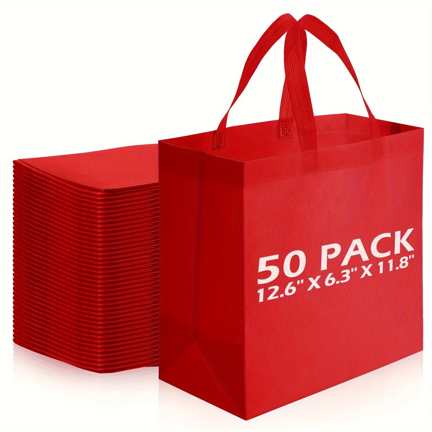 50 Pieces Reusable Non Woven Totes Bag Bulk Shopping Bags with Handles Foldable for Boutiques (Red)