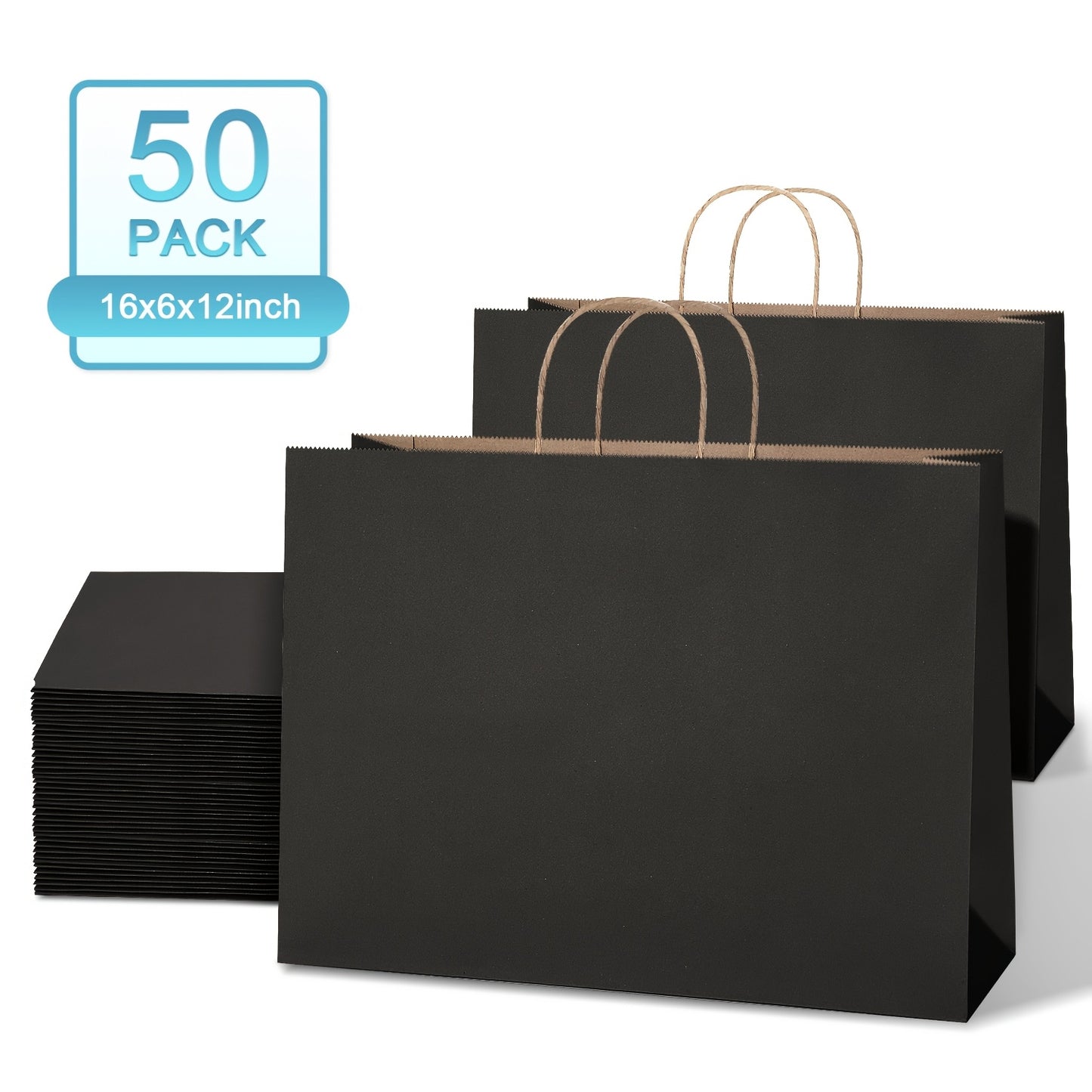 50\u002F100 Bulk Large Shopping Bags Made Of Kraft Paper, 16x6x12 Inches with Handles, Black Gift Bag, Retail Grocery Tote Bag, Boutique Store, Christmas Decoration Bag, Wedding, Teacher Gratitude Gift Bag