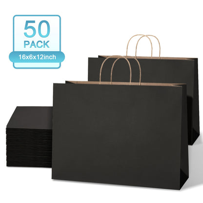 50\u002F100 Bulk Large Shopping Bags Made Of Kraft Paper, 16x6x12 Inches with Handles, Black Gift Bag, Retail Grocery Tote Bag, Boutique Store, Christmas Decoration Bag, Wedding, Teacher Gratitude Gift Bag