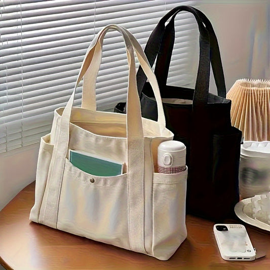 Multiple Pockets Canvas Tote Bag Spacious Canvas Tote Bag with Multiple Pockets - Versatile Shoulder & Handbag for School, Work, Travel, and Shopping