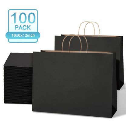 50\u002F100 Bulk Large Shopping Bags Made Of Kraft Paper, 16x6x12 Inches with Handles, Black Gift Bag, Retail Grocery Tote Bag, Boutique Store, Christmas Decoration Bag, Wedding, Teacher Gratitude Gift Bag