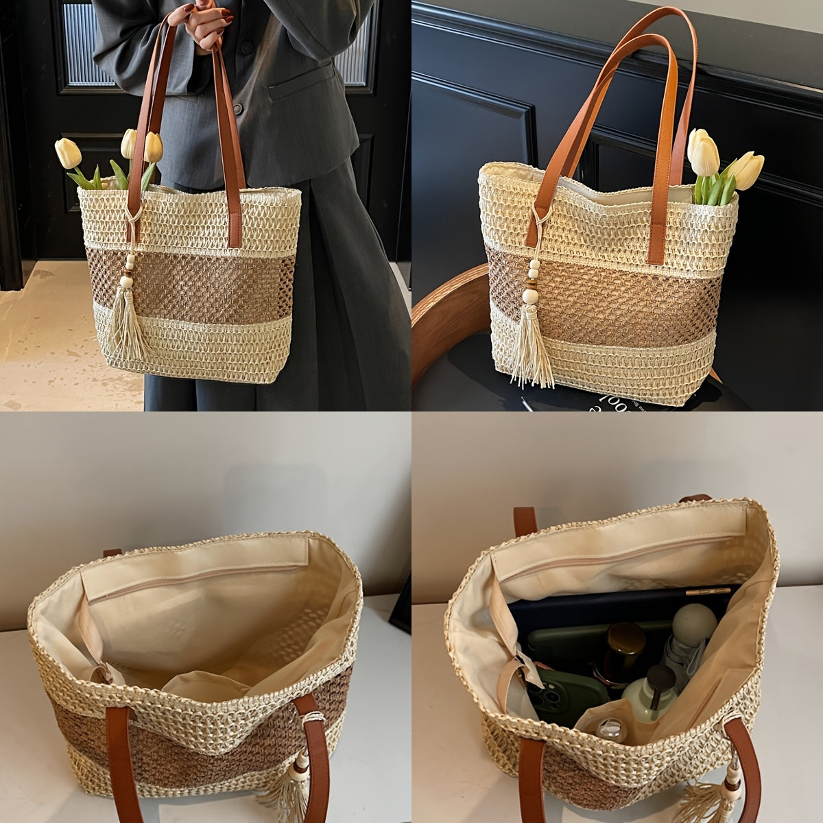 Bohemian Tote Bag Large Bohemian Woven Tote Bag | Perfect Lily Women's Multi-Color Striped Design, Zipper Closure, Fixed Shoulder Strap, Synthetic Material - Light Beige, Khaki, Light Brown, Green