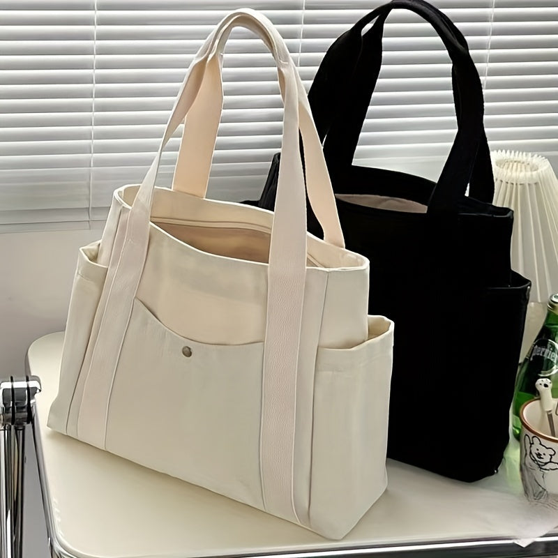 Multiple Pockets Canvas Tote Bag Spacious Canvas Tote Bag with Multiple Pockets - Versatile Shoulder & Handbag for School, Work, Travel, and Shopping